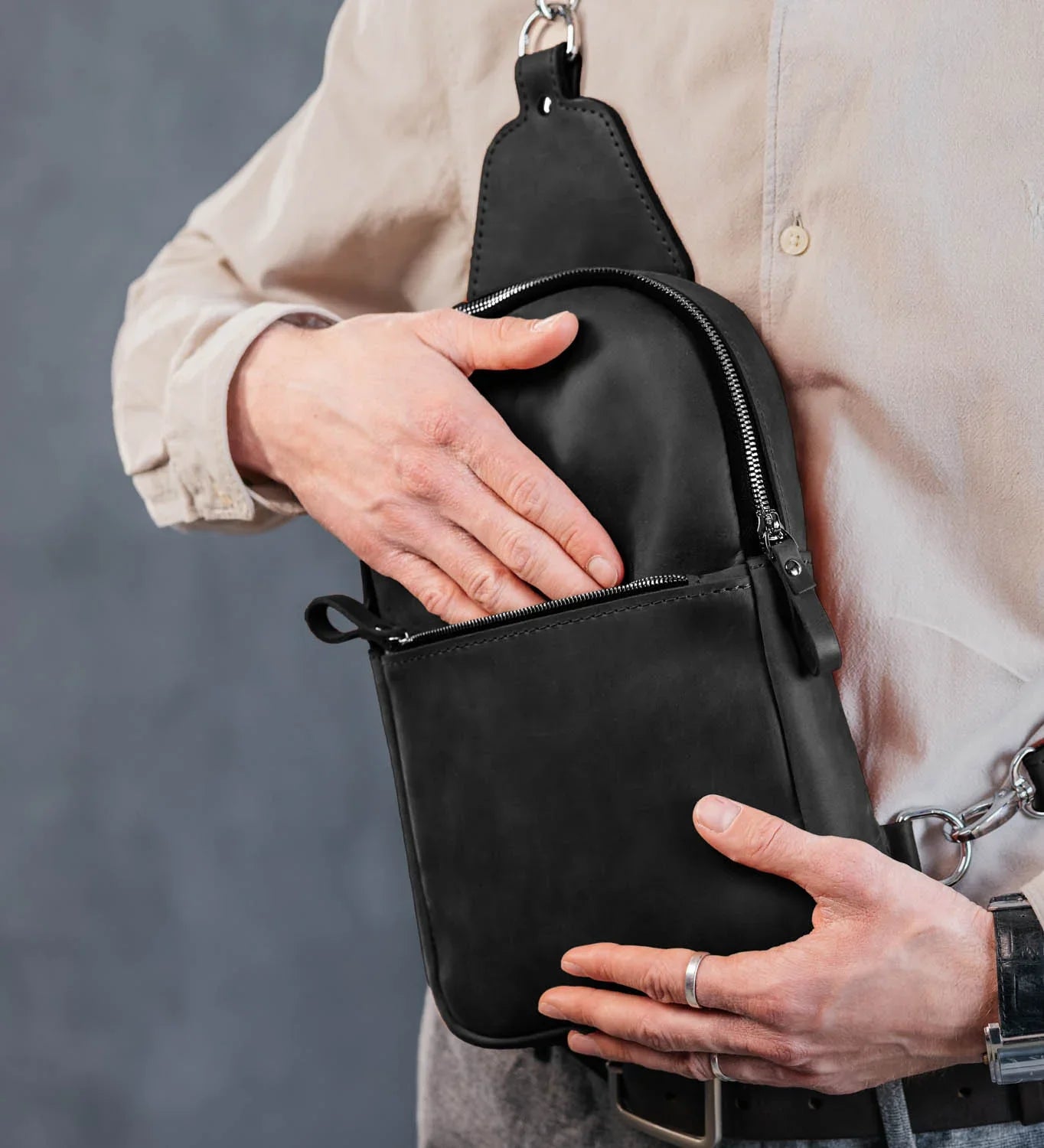 Matte Waxed Leather Sling Bag – Slim Crossbody & Semi-Backpack
