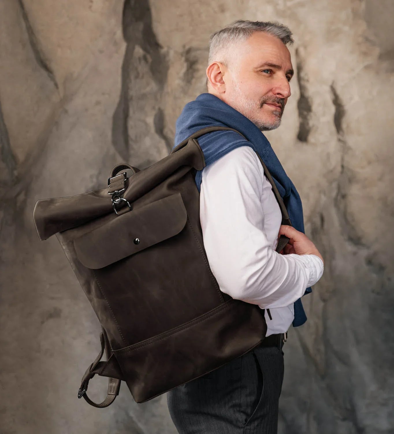 Matte Leather Roll Top Backpack