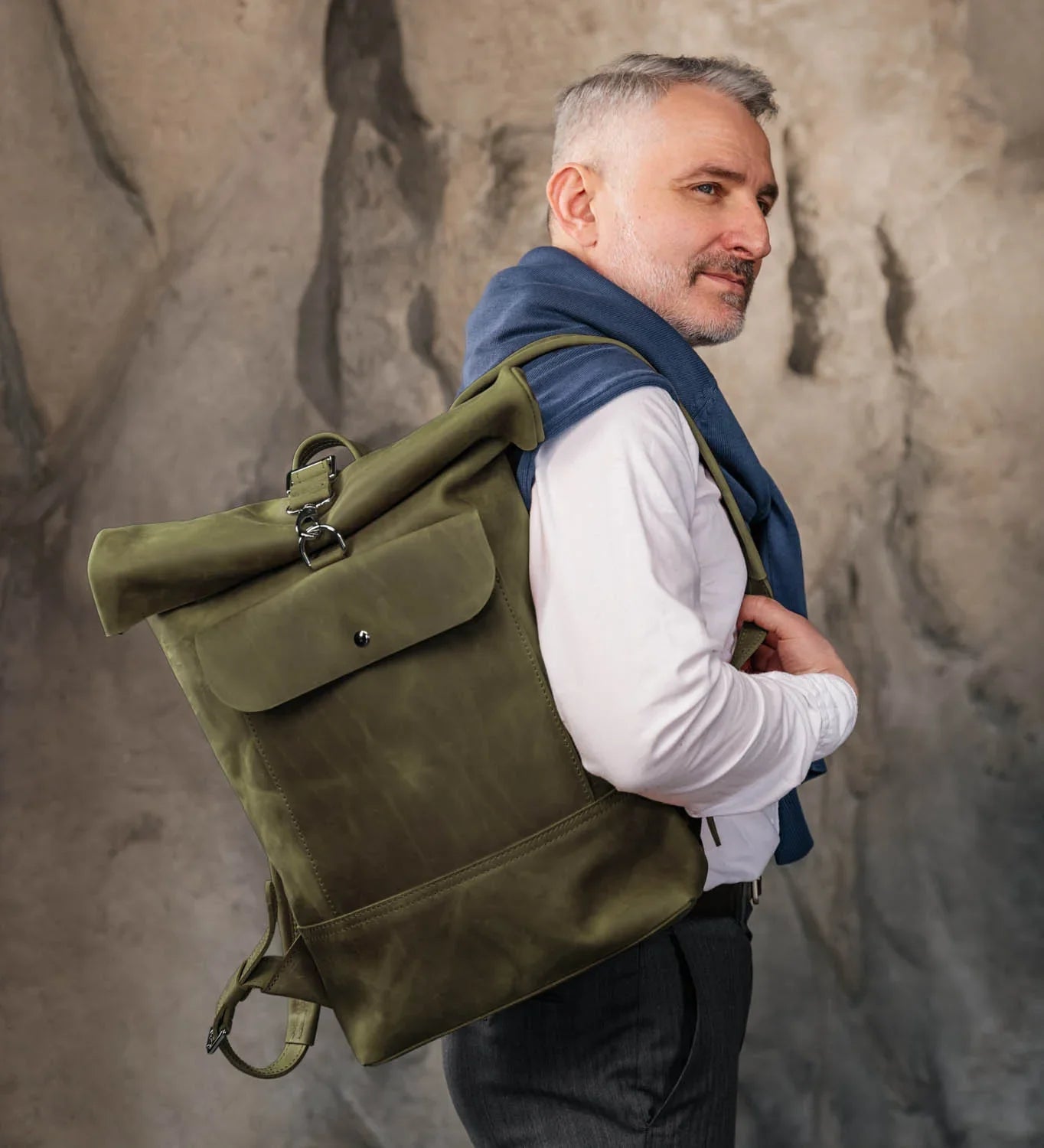 Matte Leather Roll Top Backpack