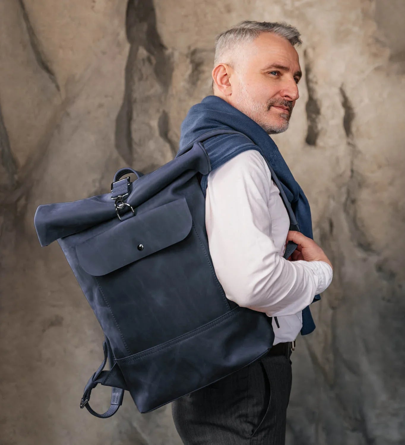 Matte Leather Roll Top Backpack