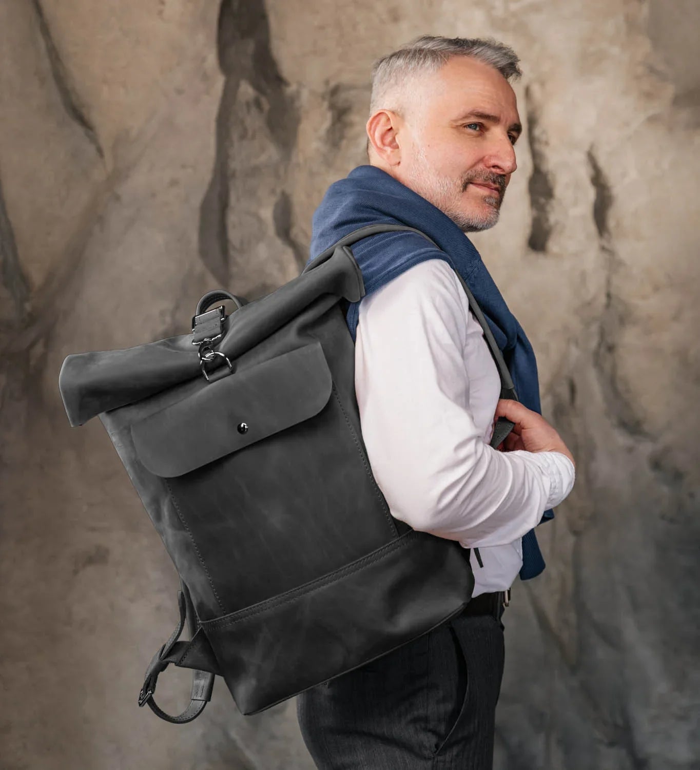 Matte Leather Roll Top Backpack