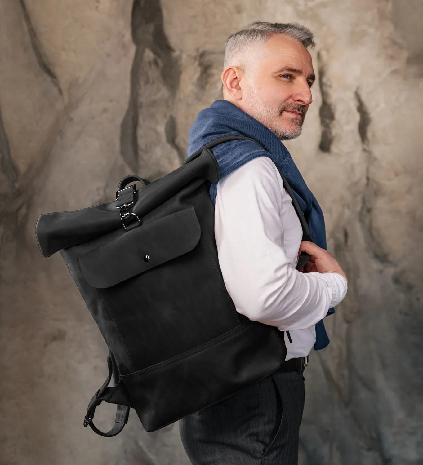 Matte Leather Roll Top Backpack