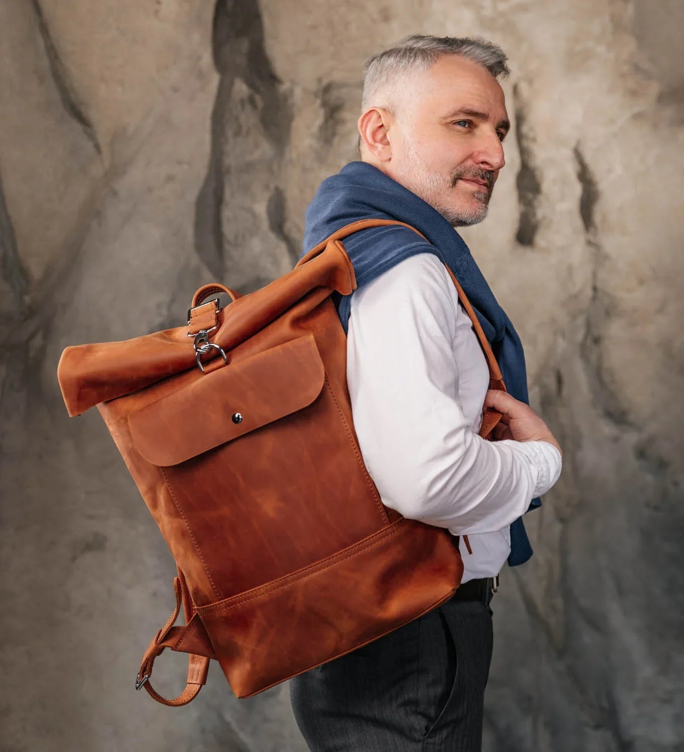 Matte Leather Roll Top Backpack