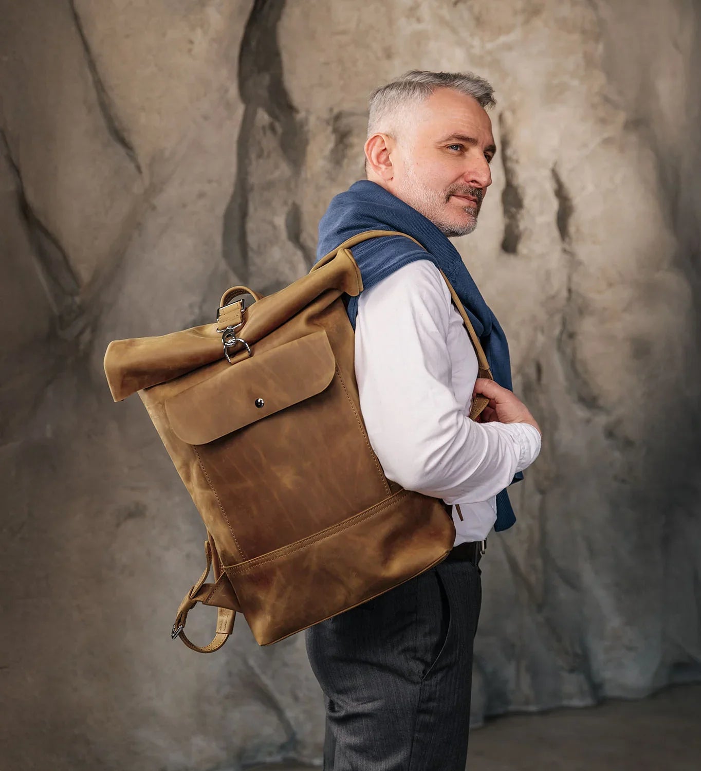 Matte Leather Roll Top Backpack