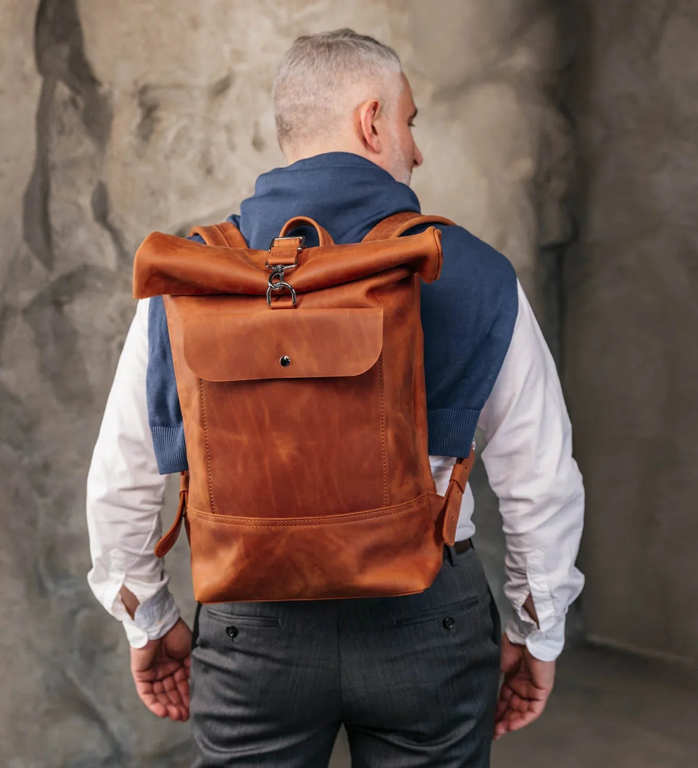 Matte Leather Roll Top Backpack