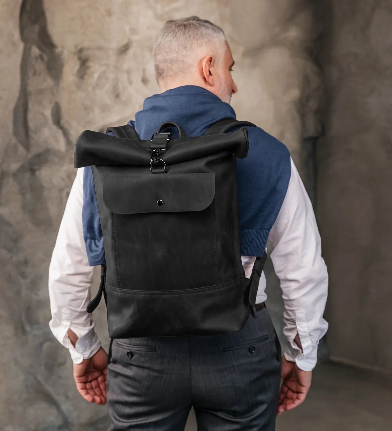 Matte Leather Roll Top Backpack