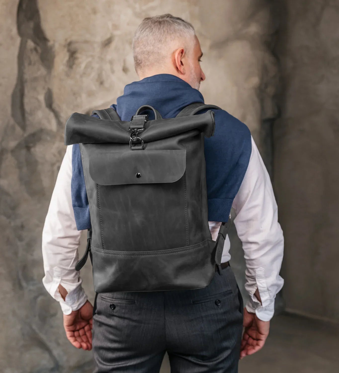 Matte Leather Roll Top Backpack
