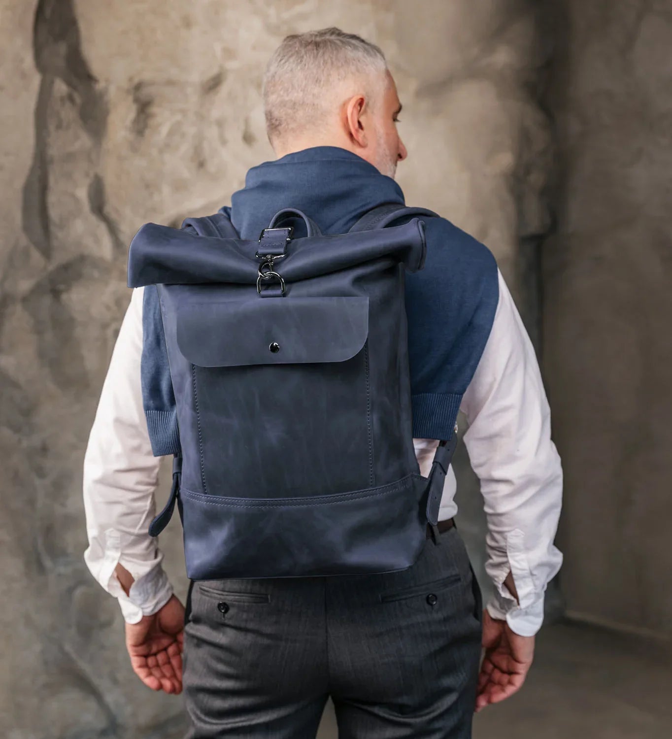 Matte Leather Roll Top Backpack