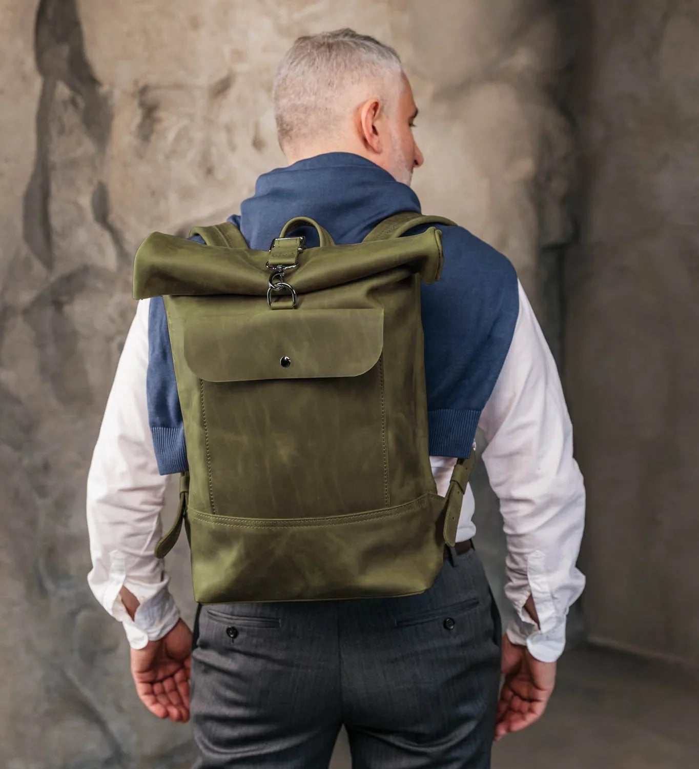 Matte Leather Roll Top Backpack