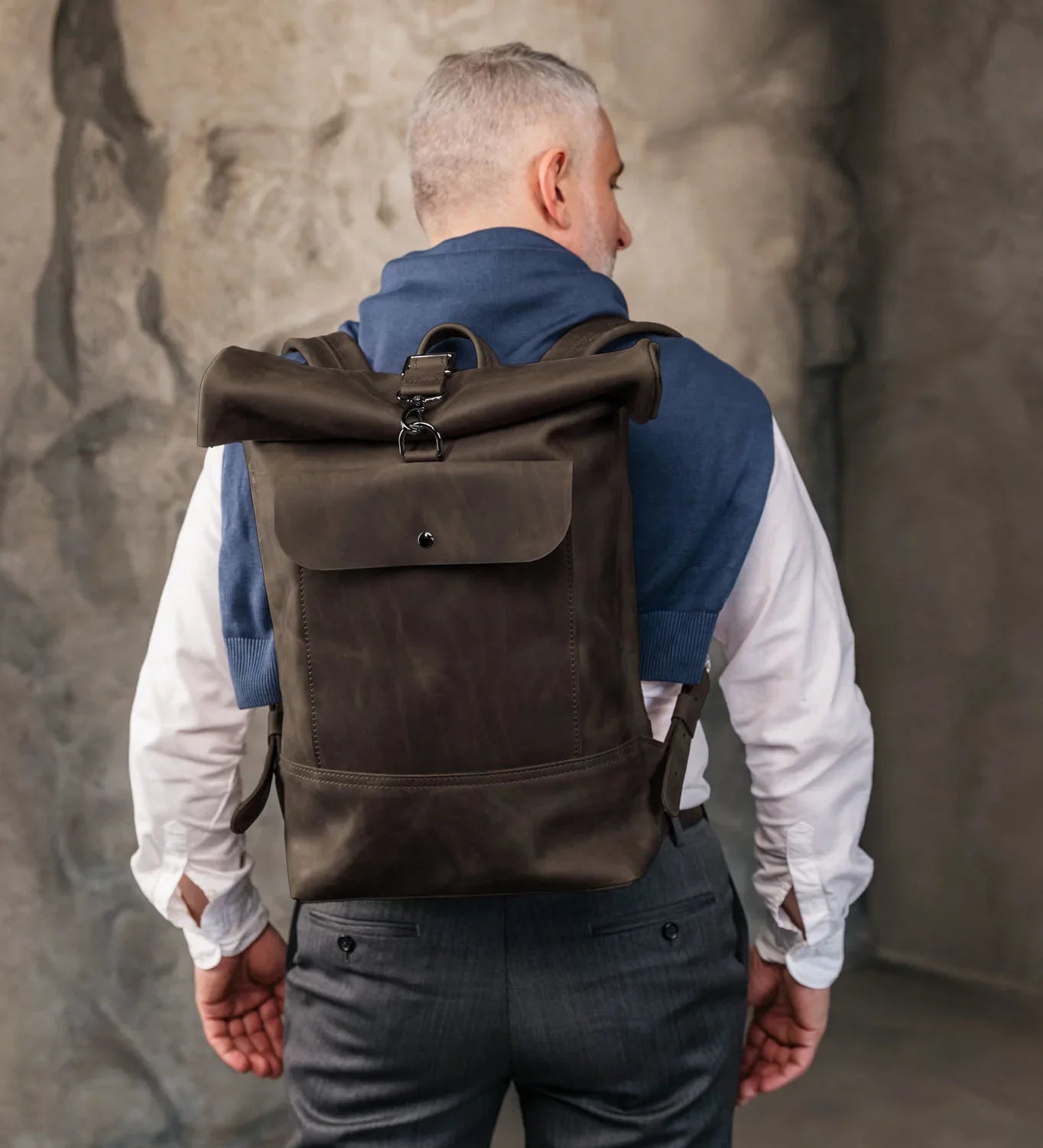Matte Leather Roll Top Backpack