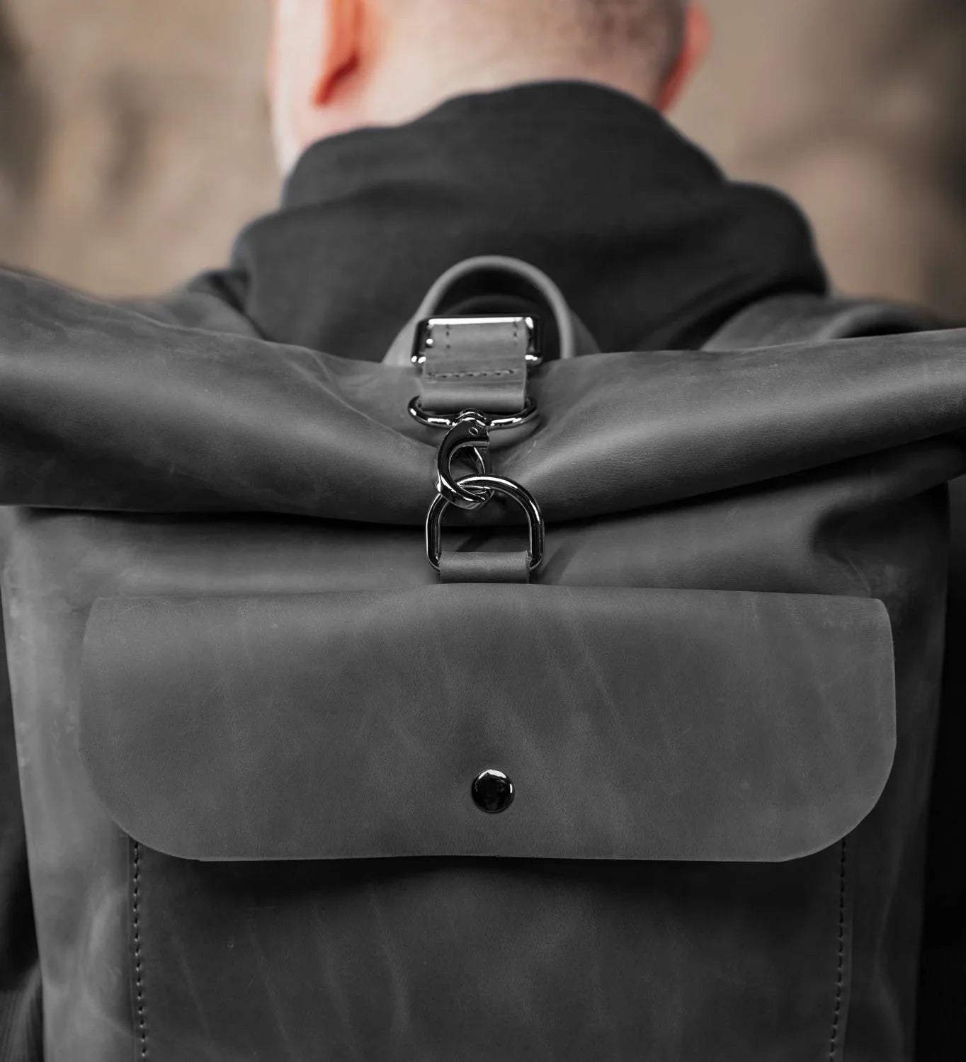 Matte Leather Roll Top Backpack