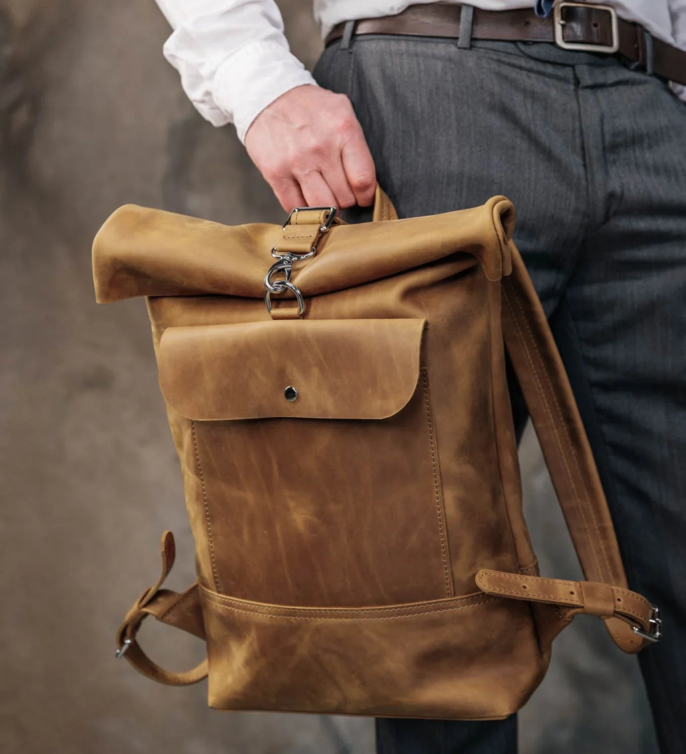 Matte Leather Roll Top Backpack
