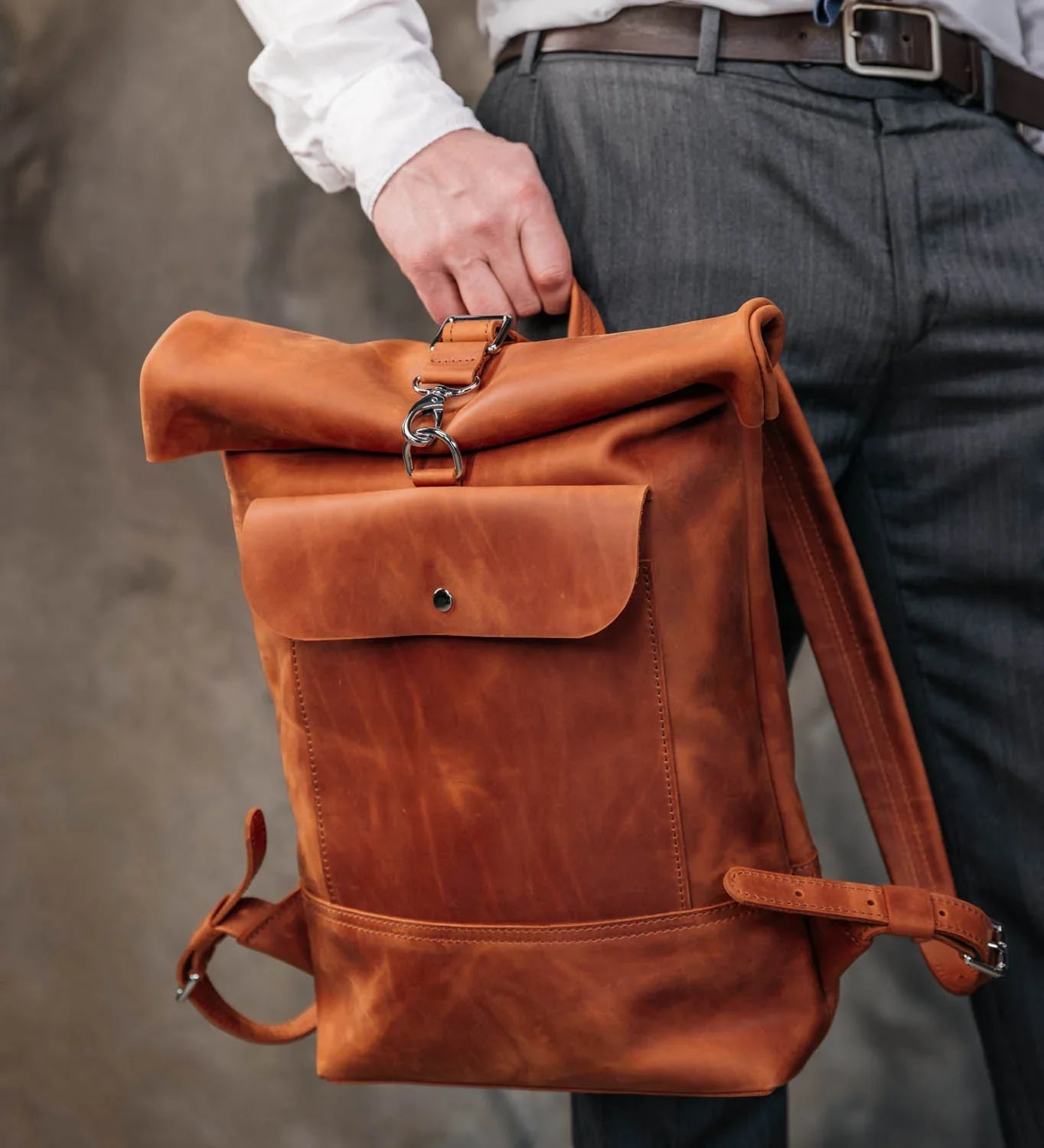 Matte Leather Roll Top Backpack