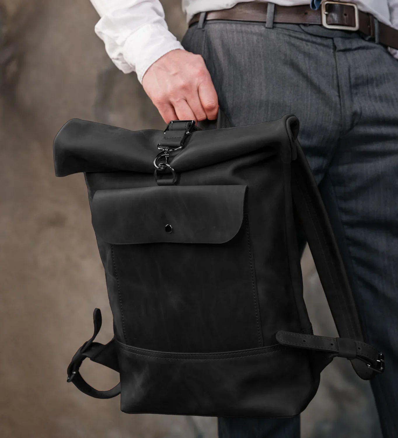 Matte Leather Roll Top Backpack