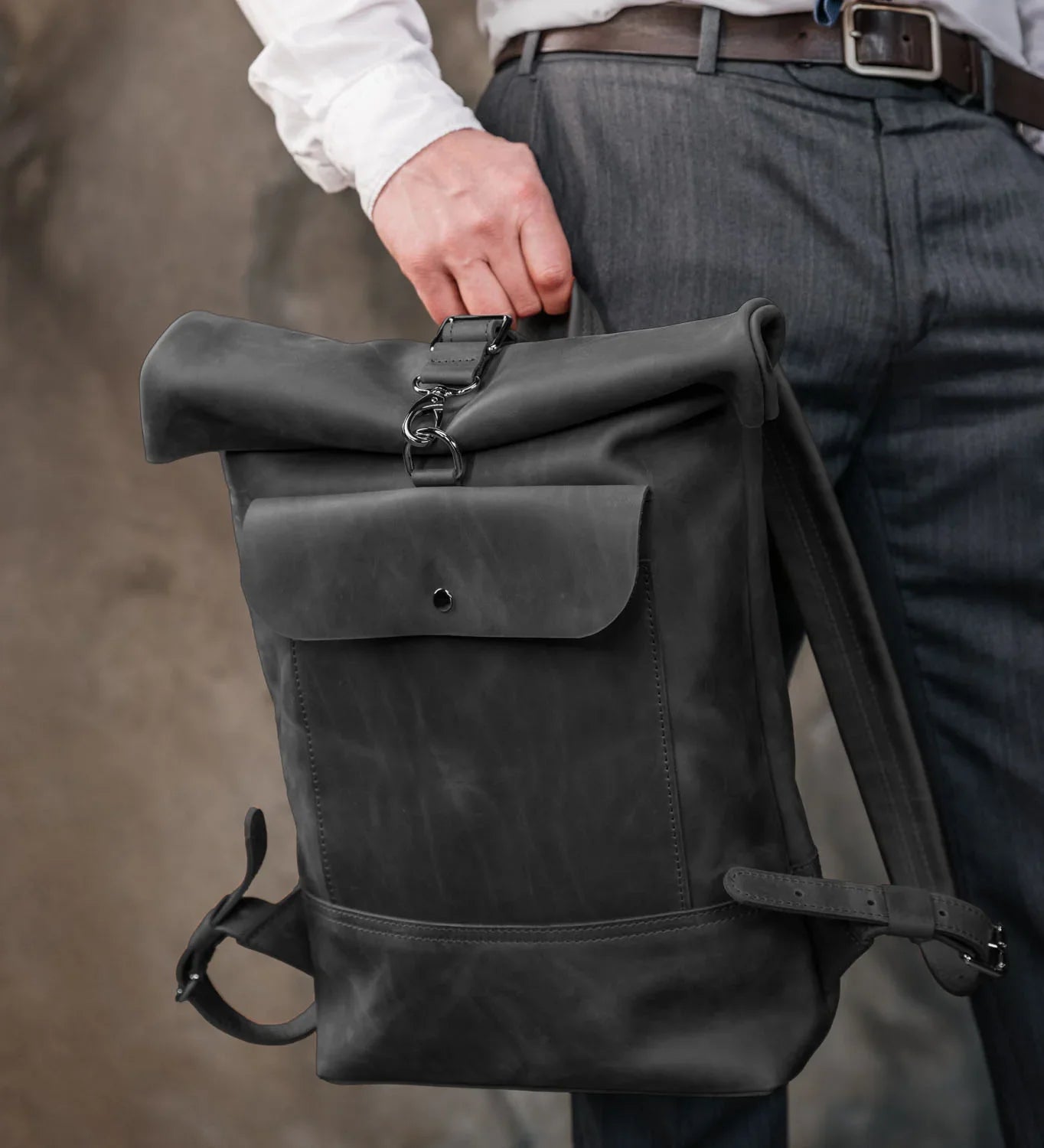 Matte Leather Roll Top Backpack