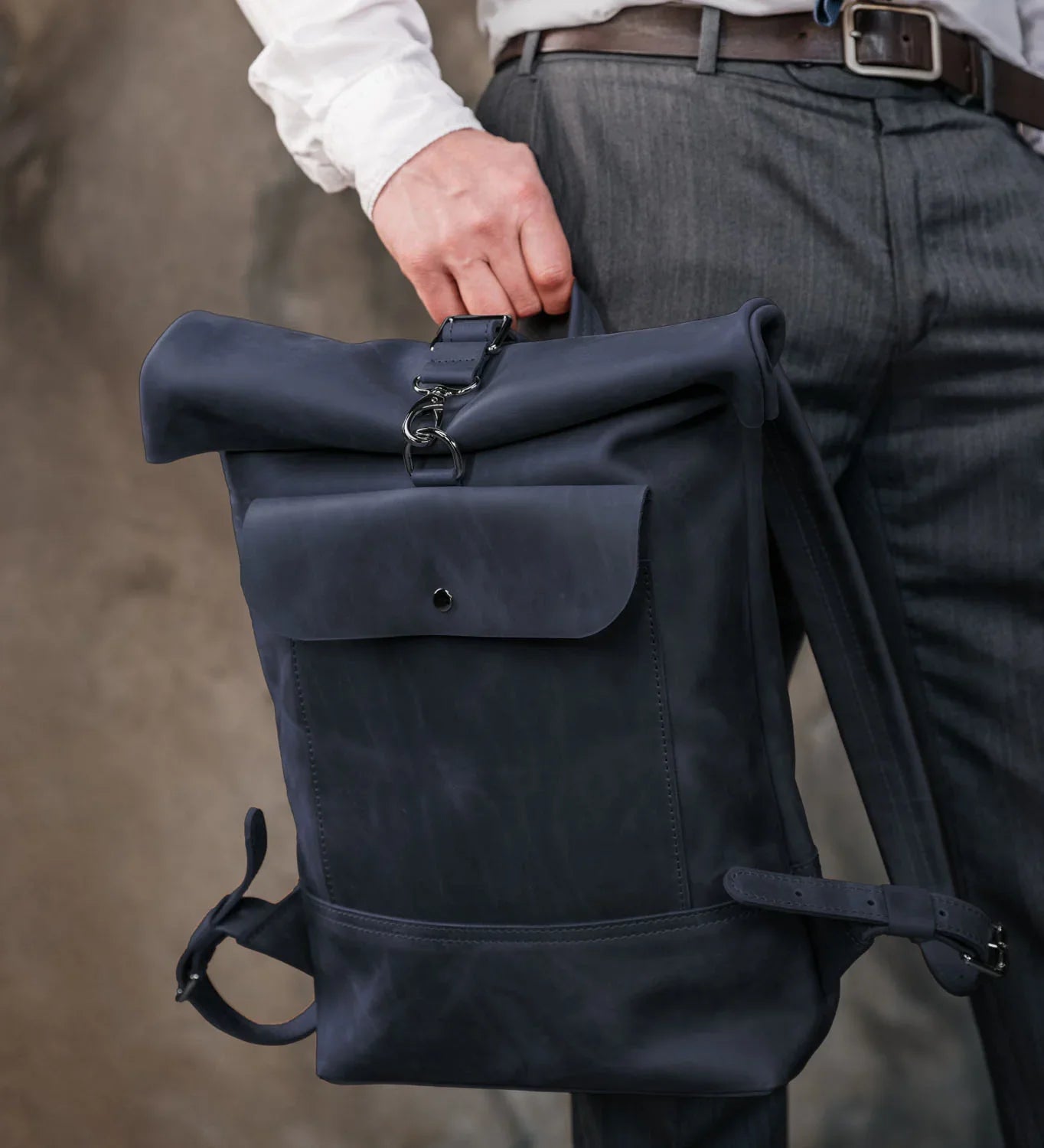 Matte Leather Roll Top Backpack