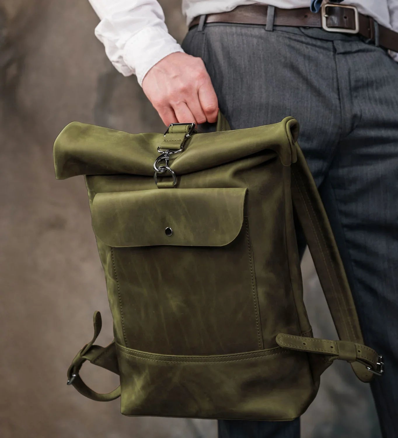 Matte Leather Roll Top Backpack