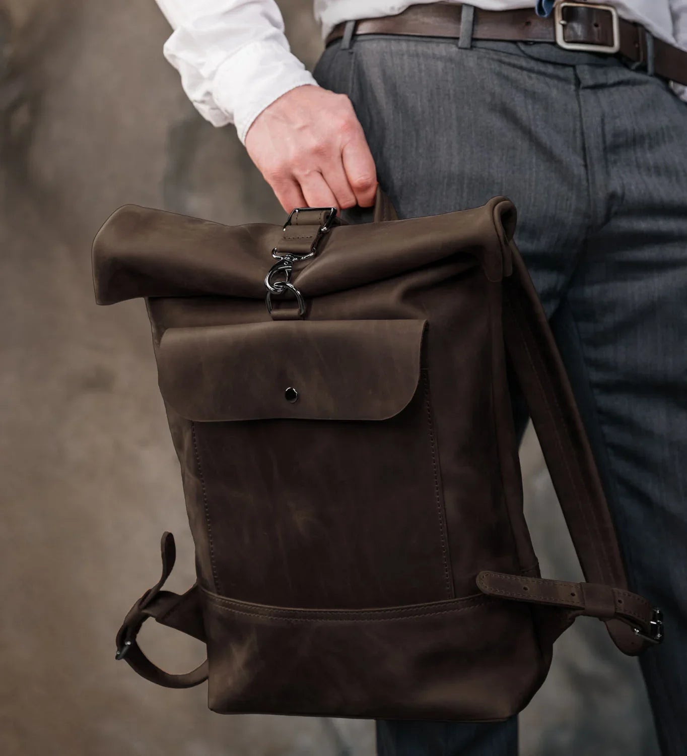 Matte Leather Roll Top Backpack