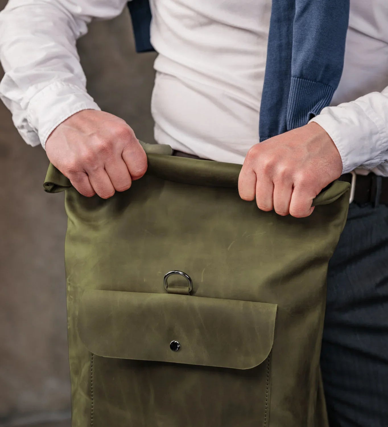 Matte Leather Roll Top Backpack