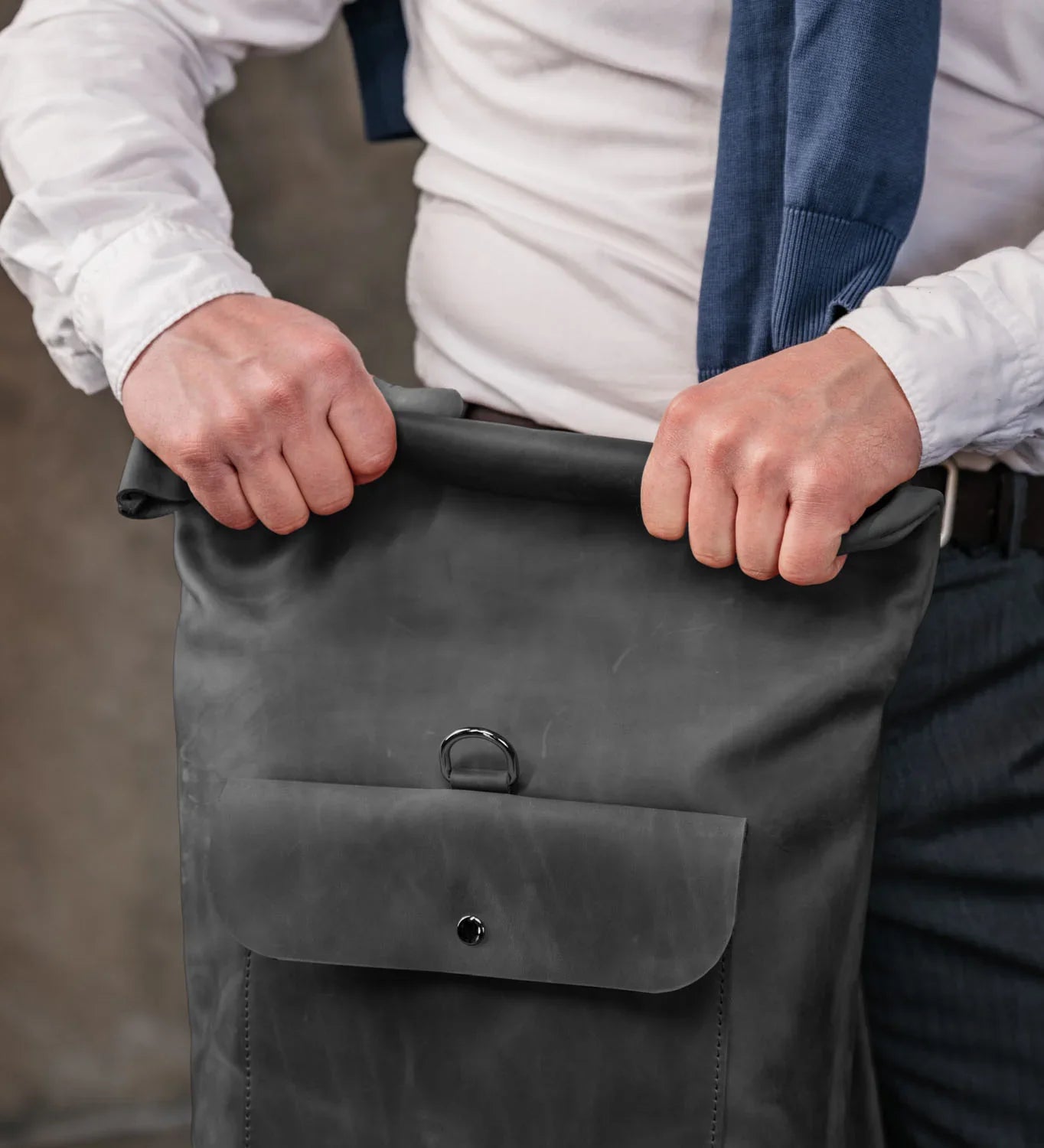 Matte Leather Roll Top Backpack