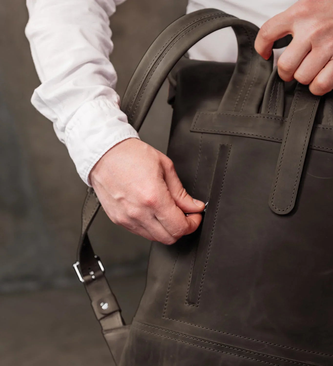 Matte Leather Roll Top Backpack