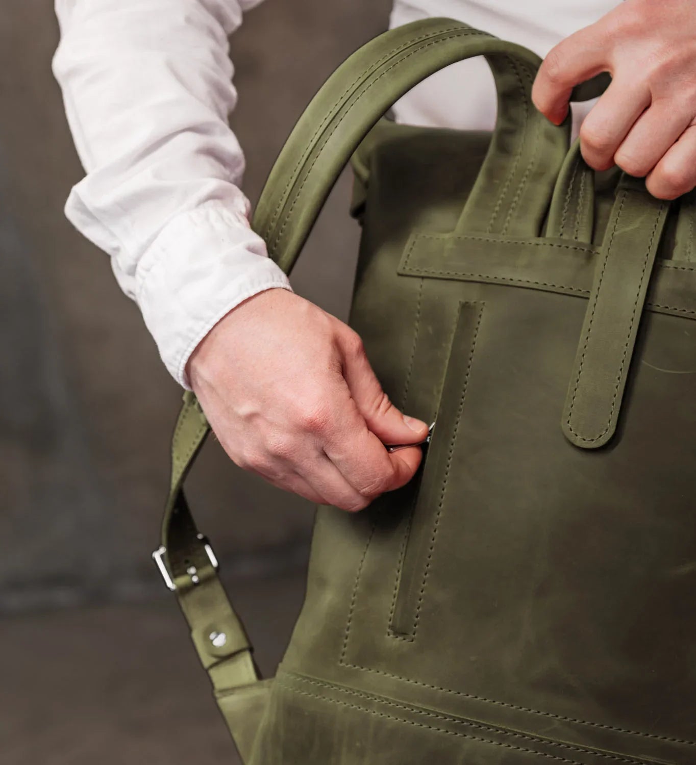 Matte Leather Roll Top Backpack