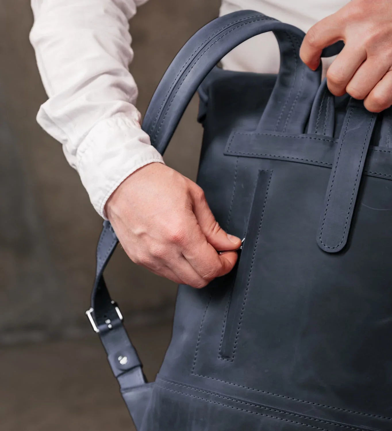 Matte Leather Roll Top Backpack