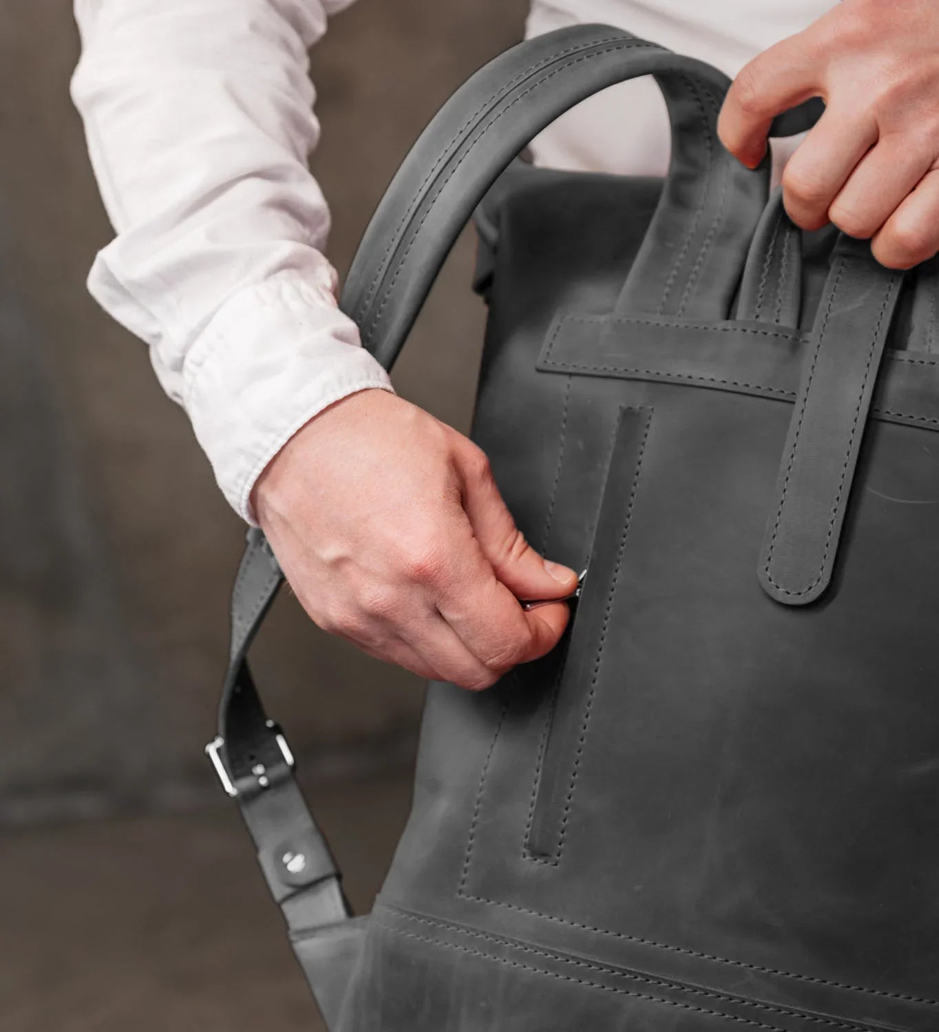 Matte Leather Roll Top Backpack