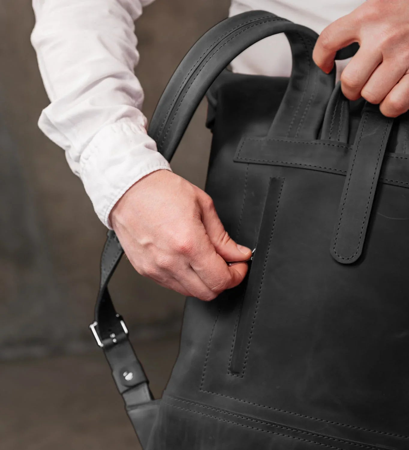 Matte Leather Roll Top Backpack