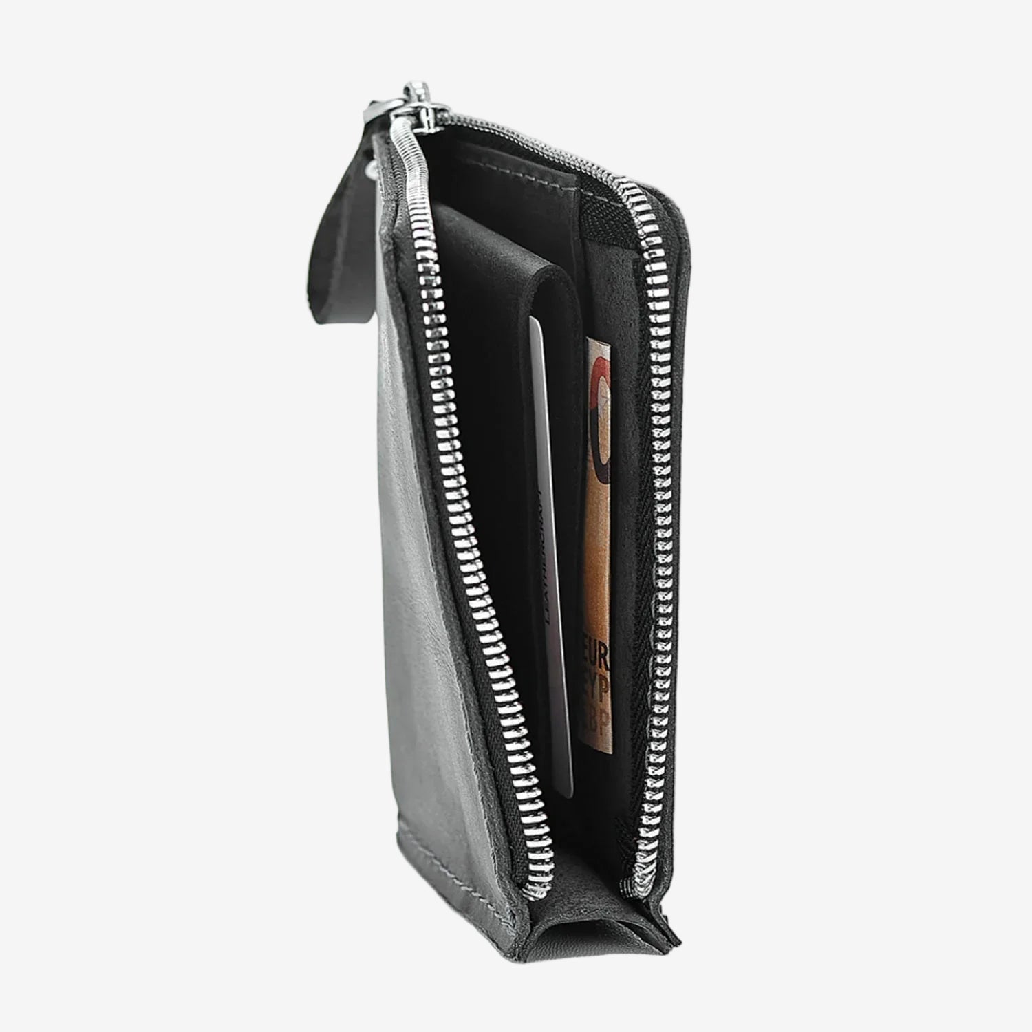 Compact Distressed Leather Wallet with Zipper