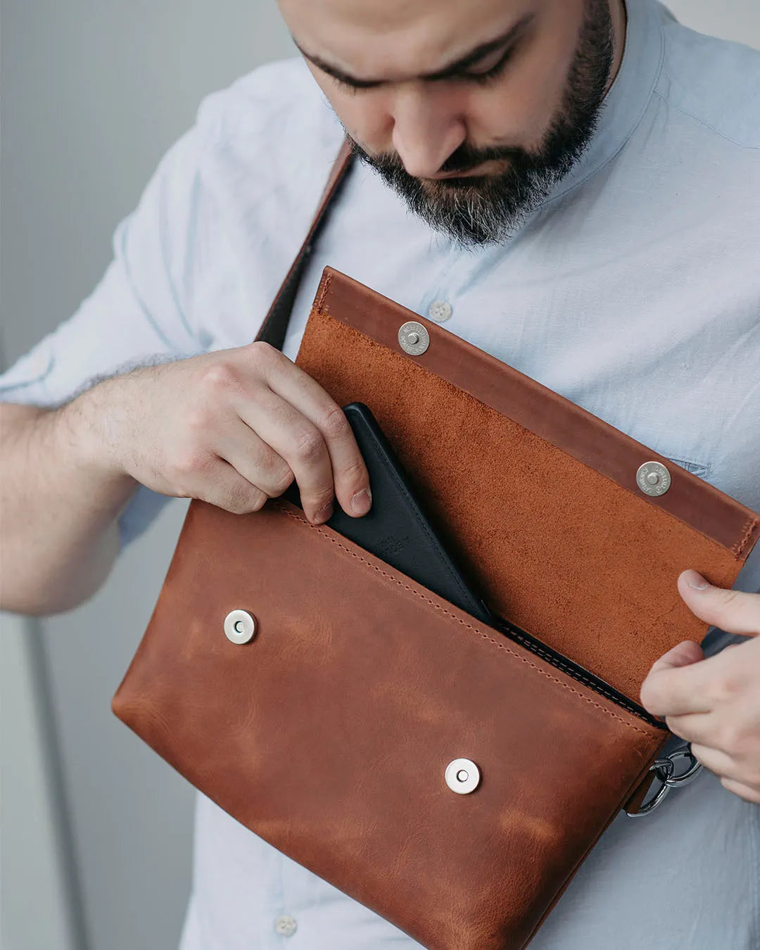 Matte Waxed Leather Unisex Crossbody Bag - Convertible to Waist bag, Clutch