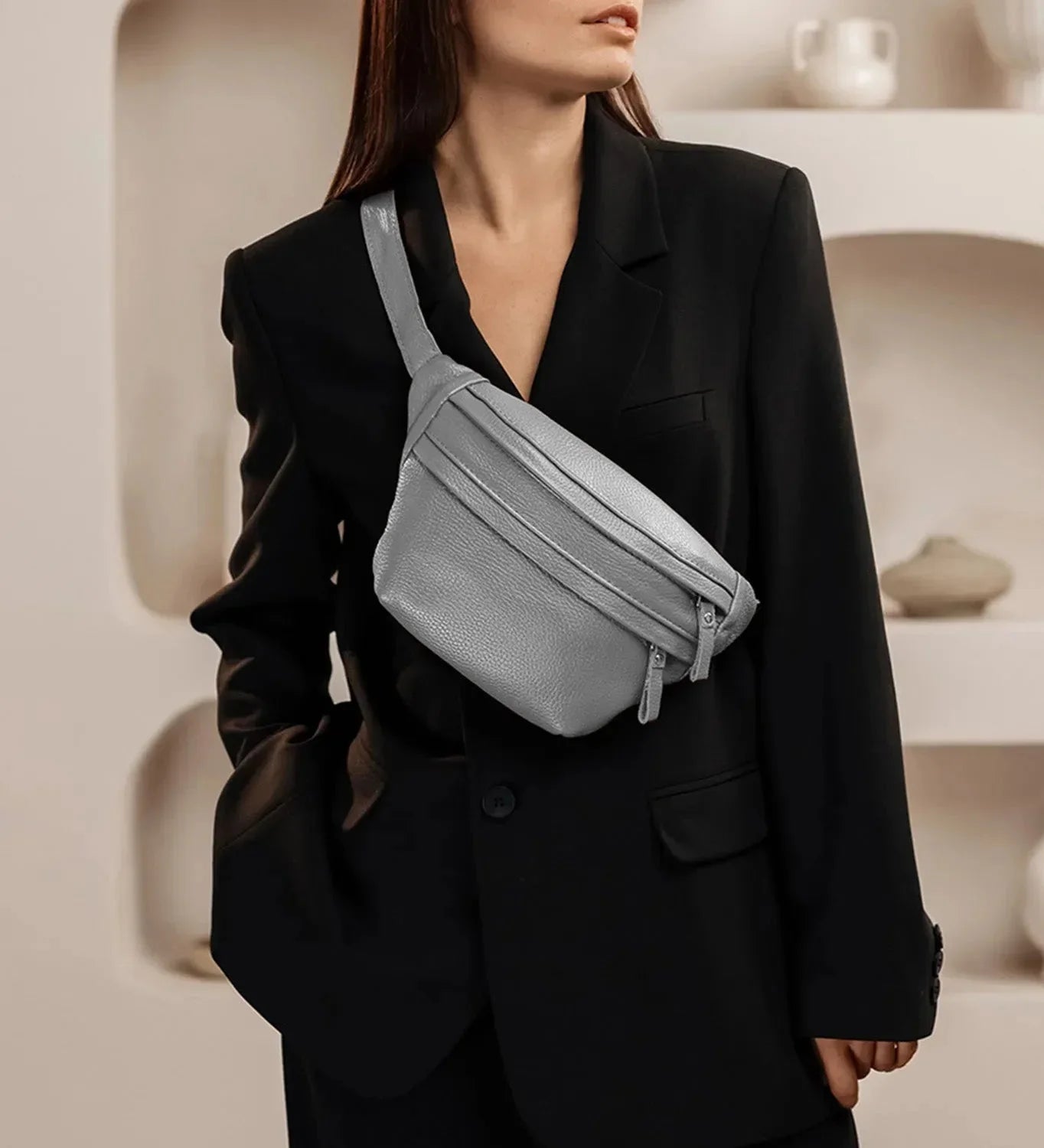 Grainy Leather Waist Bag with Zipper | B-Bag