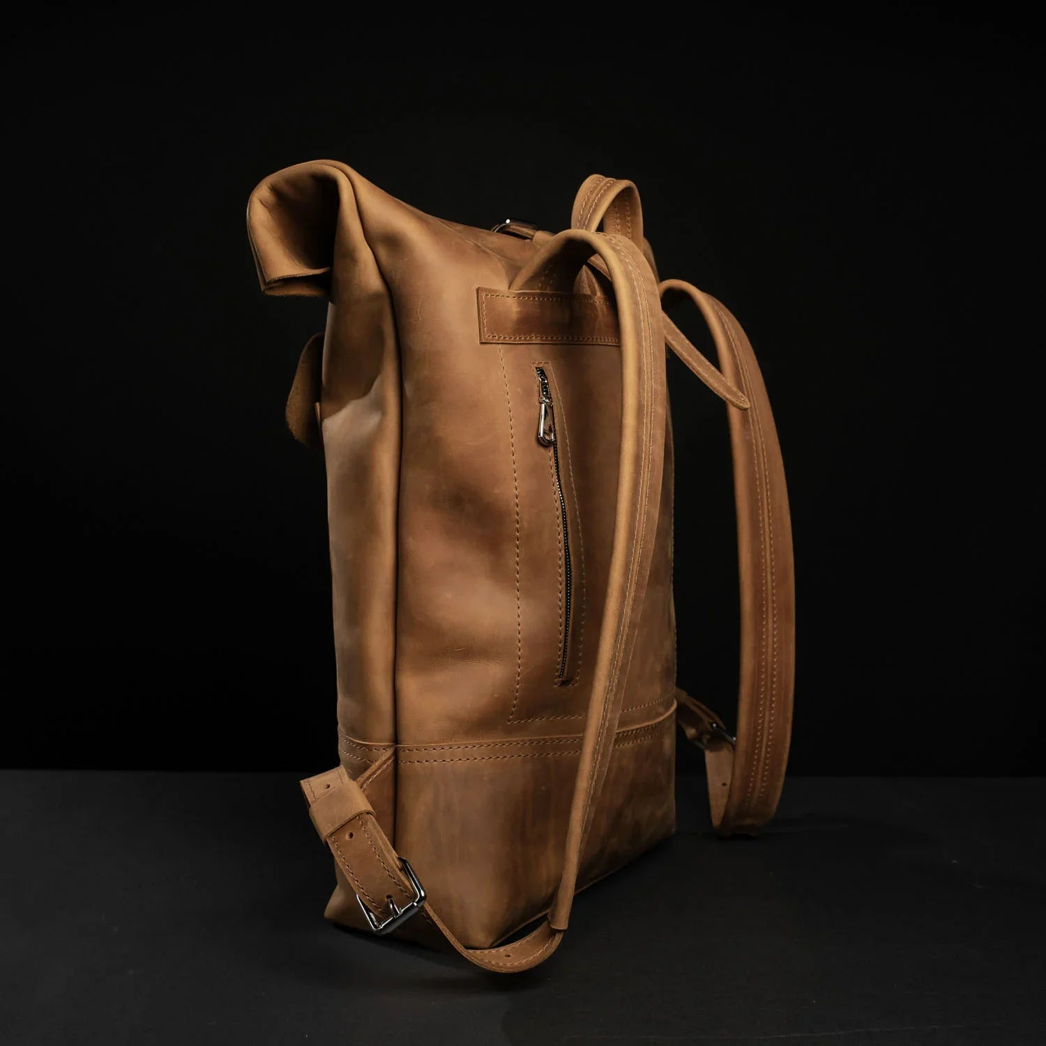 Matte Leather Roll Top Backpack