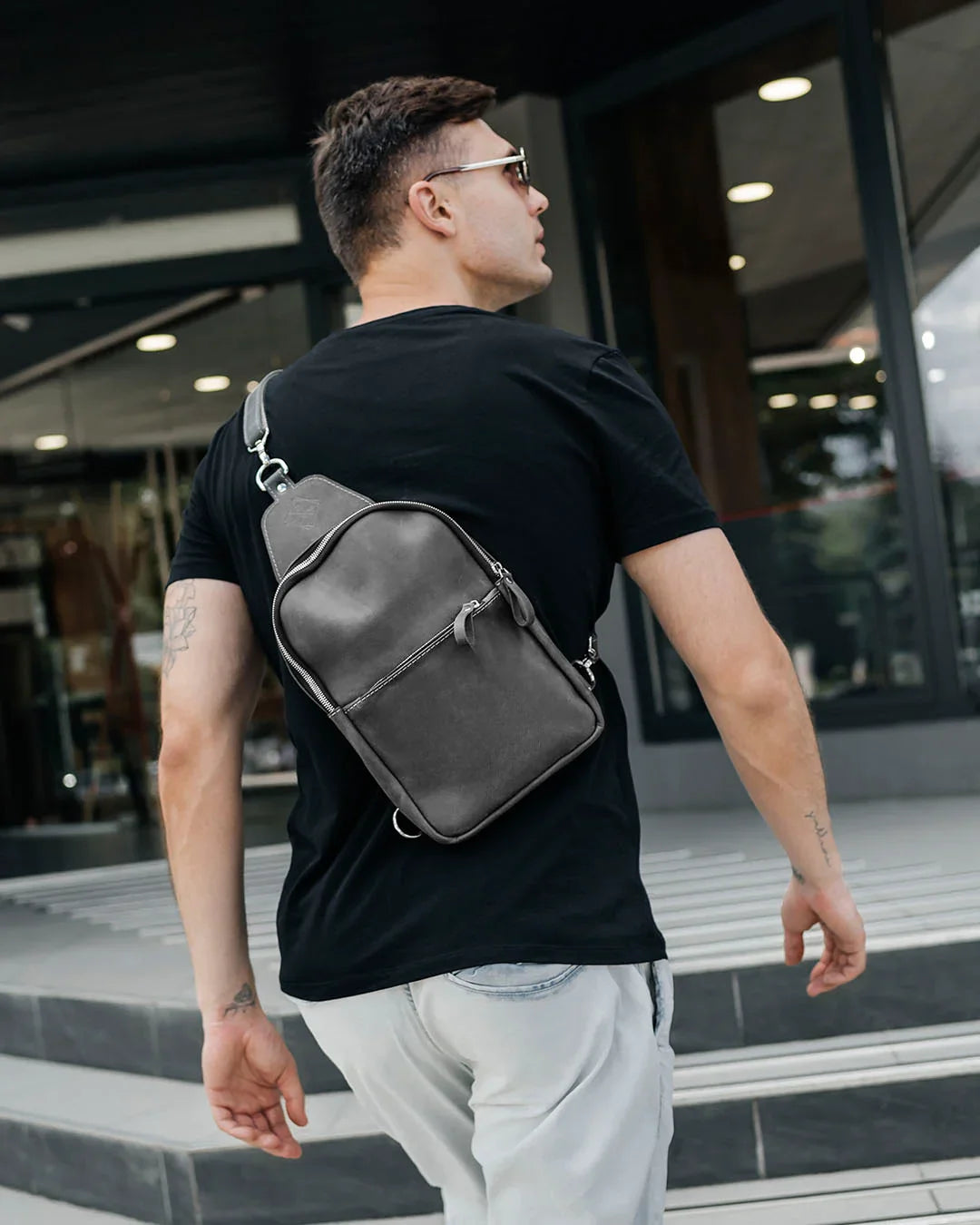 Matte Waxed Leather Sling Bag – Slim Crossbody & Semi-Backpack