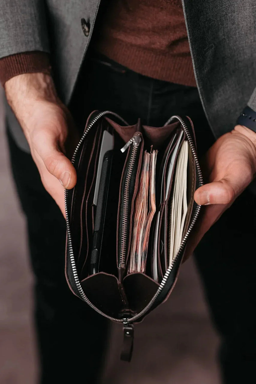 Leather Clutch Wallet – Zip Closure & Wrist Strap