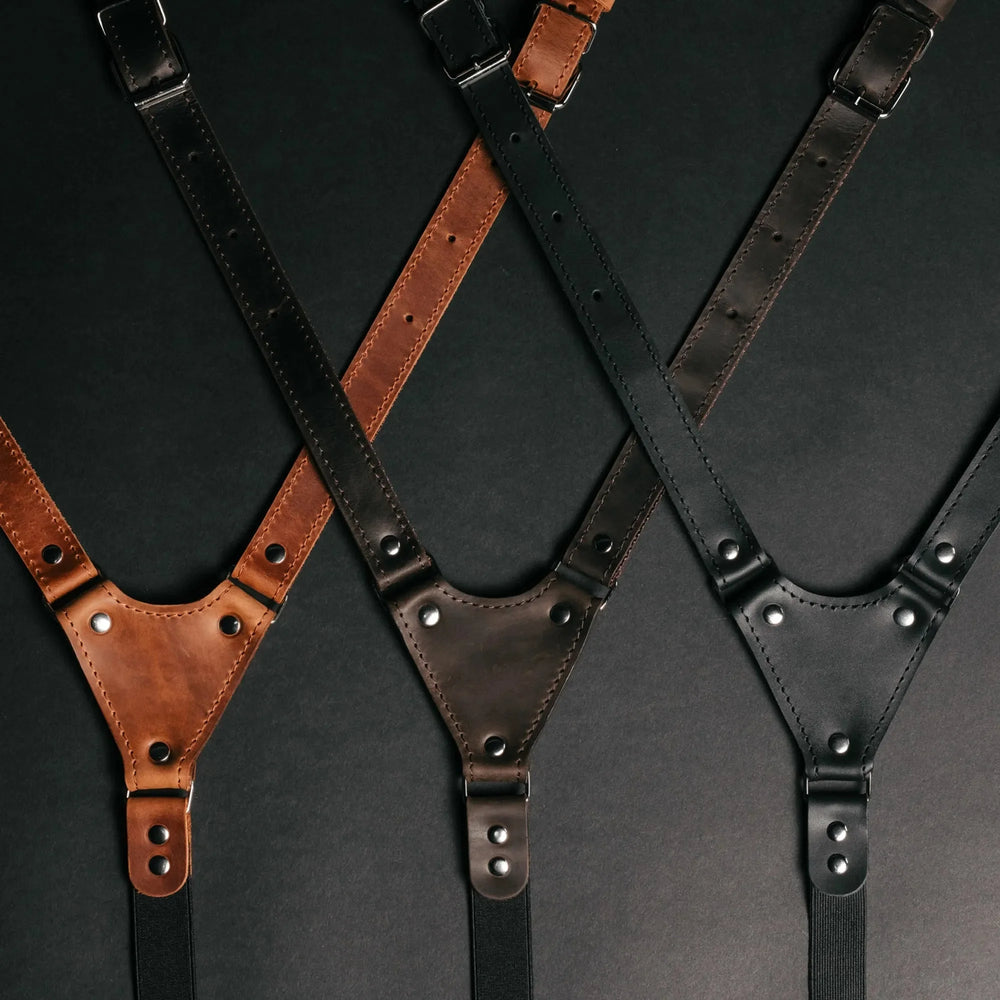 Waxed Matte Leather Suspenders for Men with Buckles
