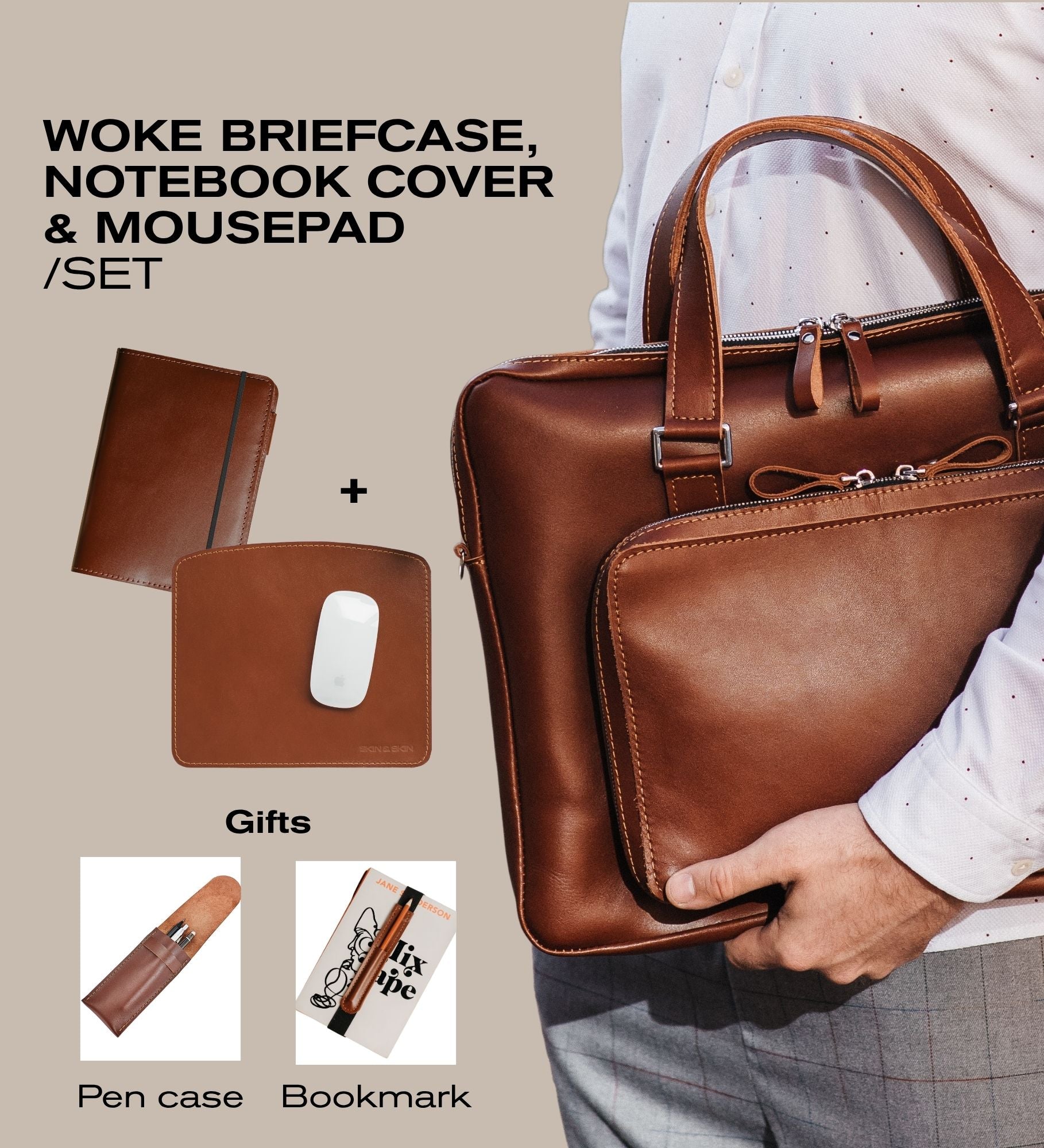 Premium Leather Office Set – Briefcase with A5 Notebook Sleeve, Pen Pouch, Mouse Mat & Keychain