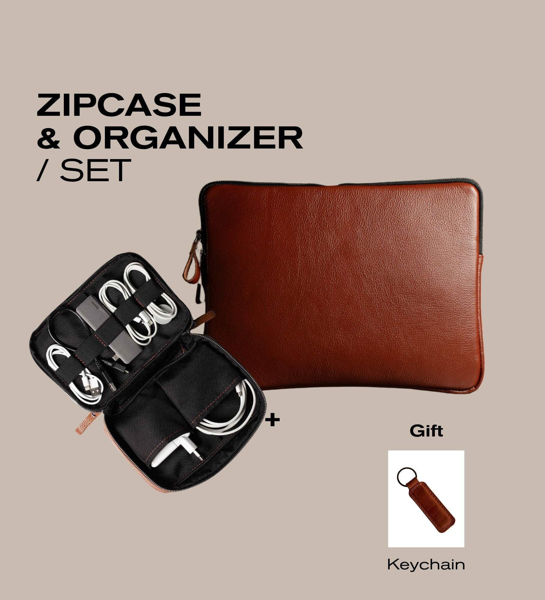 Workday Leather Set: Laptop Zipcase + KeepTech Organizer & Keychain Gift Set