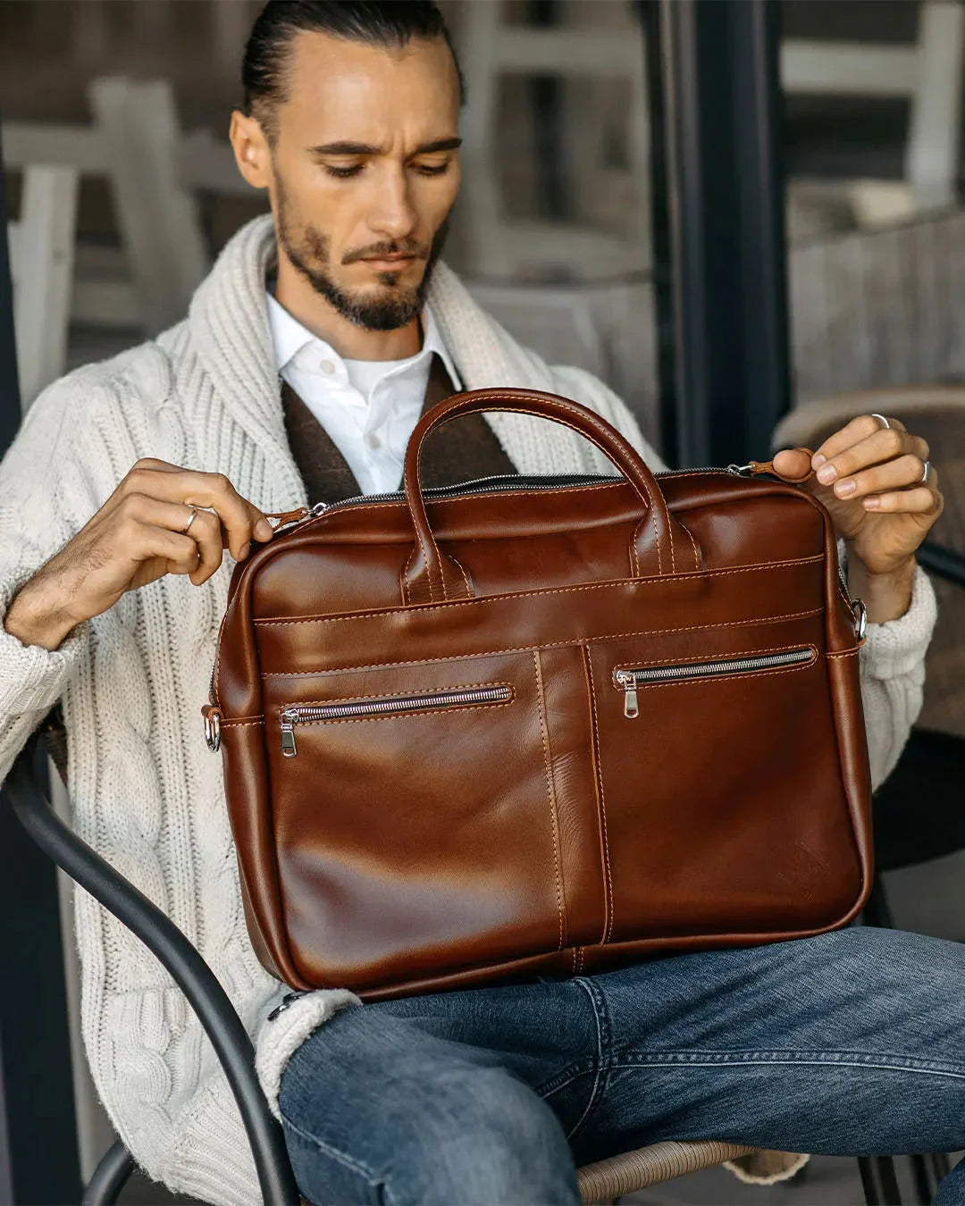 Men's Zippered Leather Briefcase – Work & Everyday Laptop Bag