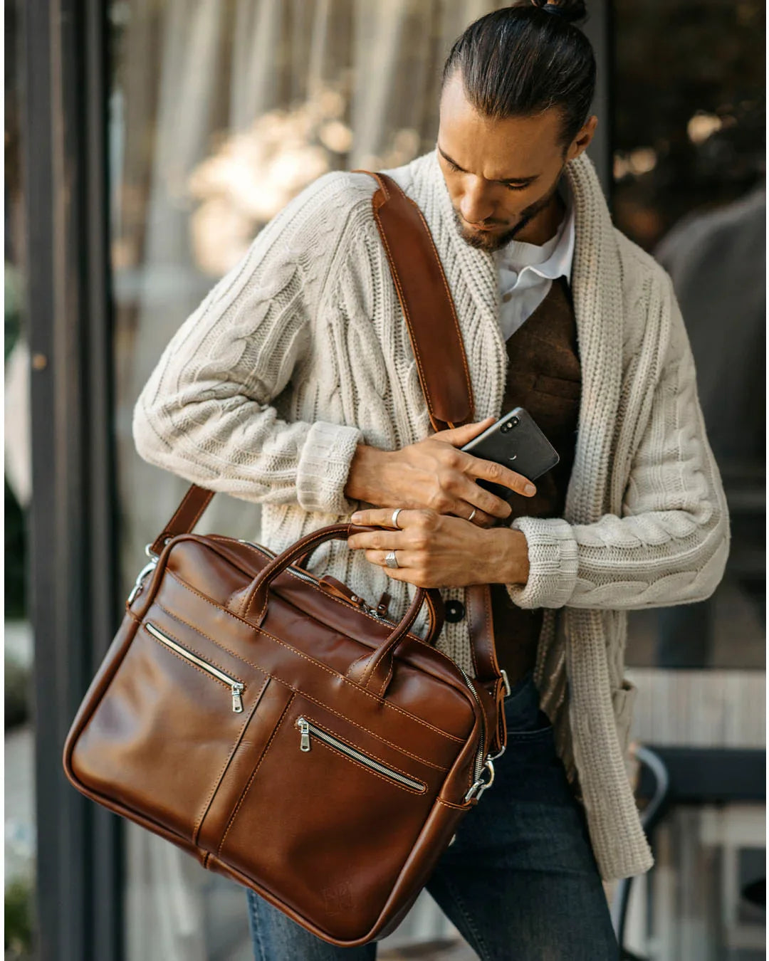 Men's Zippered Leather Briefcase – Work & Everyday Laptop Bag