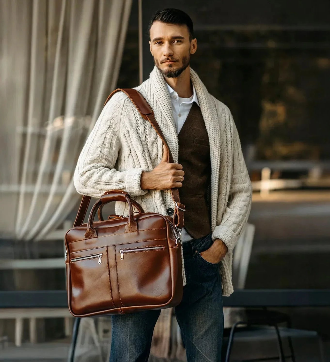 Men's Zippered Leather Briefcase – Work & Everyday Laptop Bag