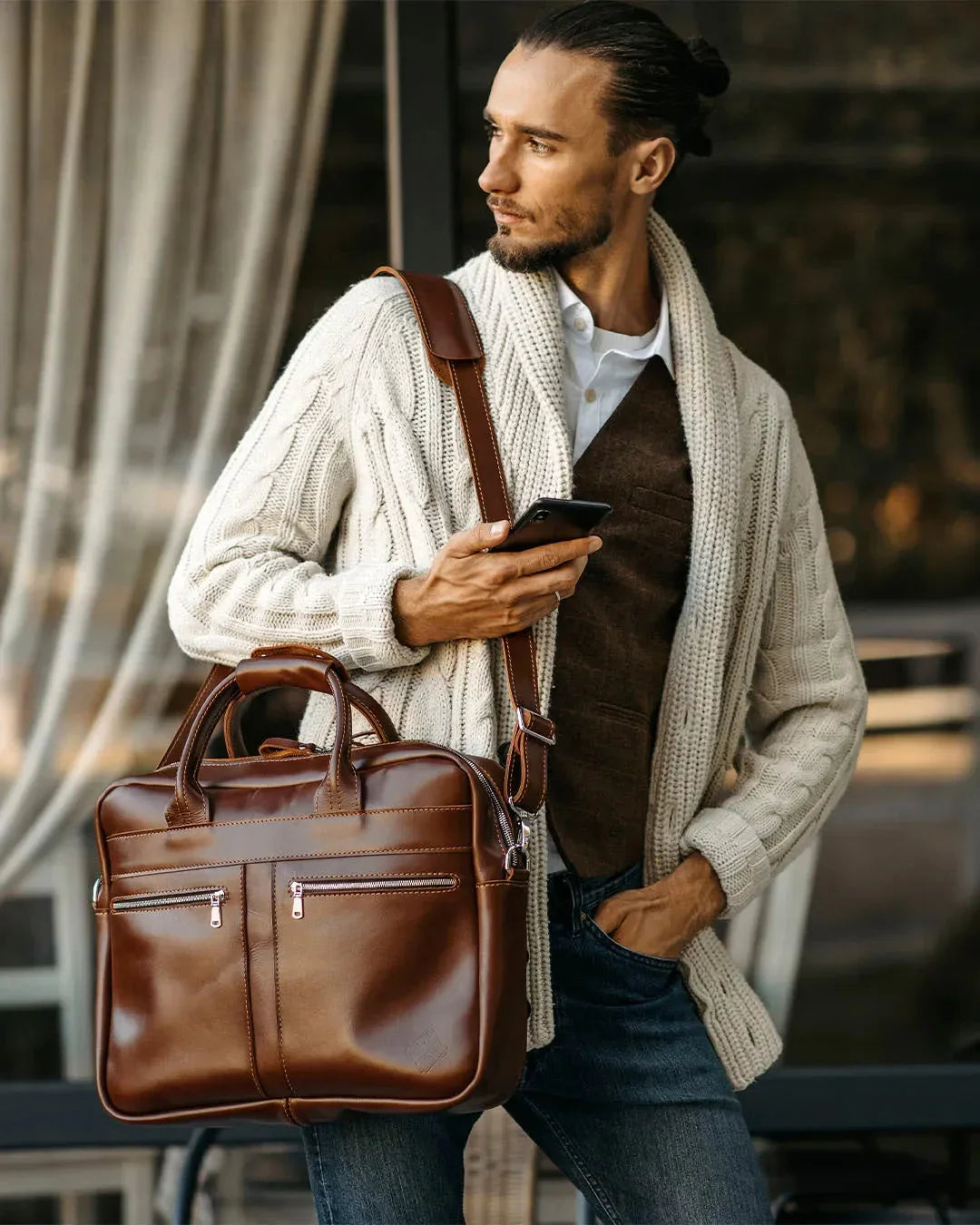Men's Zippered Leather Briefcase – Work & Everyday Laptop Bag