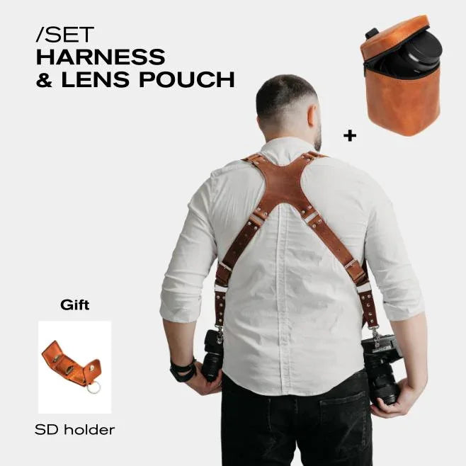 Photographer's Set – Matte Waxed Leather Camera Harness + Lens Pouch