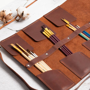 Leather Brush Roll Organizer – Waxed Matte Leather for Brushes & Tools
