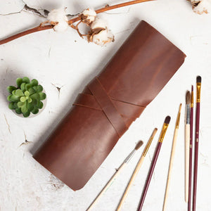 Leather Brush Roll Organizer – Waxed Matte Leather for Brushes & Tools