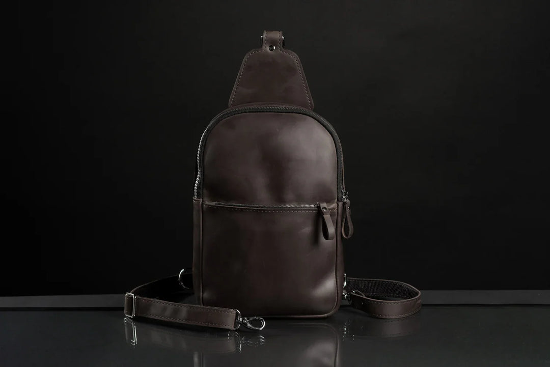 Matte Waxed Leather Sling Bag – Slim Crossbody & Semi-Backpack
