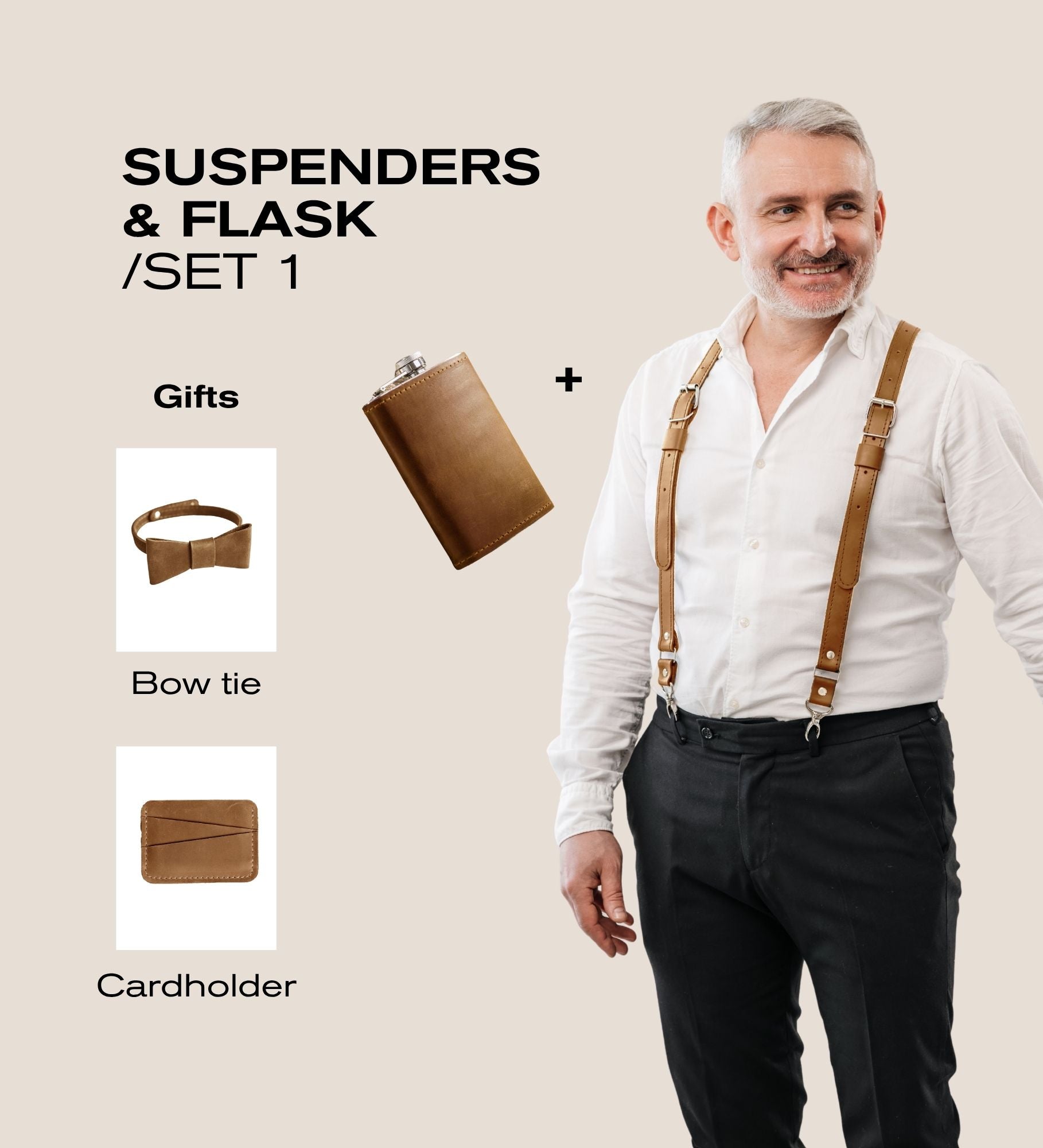 Wedding Gift Set for Him – Matte Waxed Leather Suspenders, Flask, Bow Tie & Cardholder