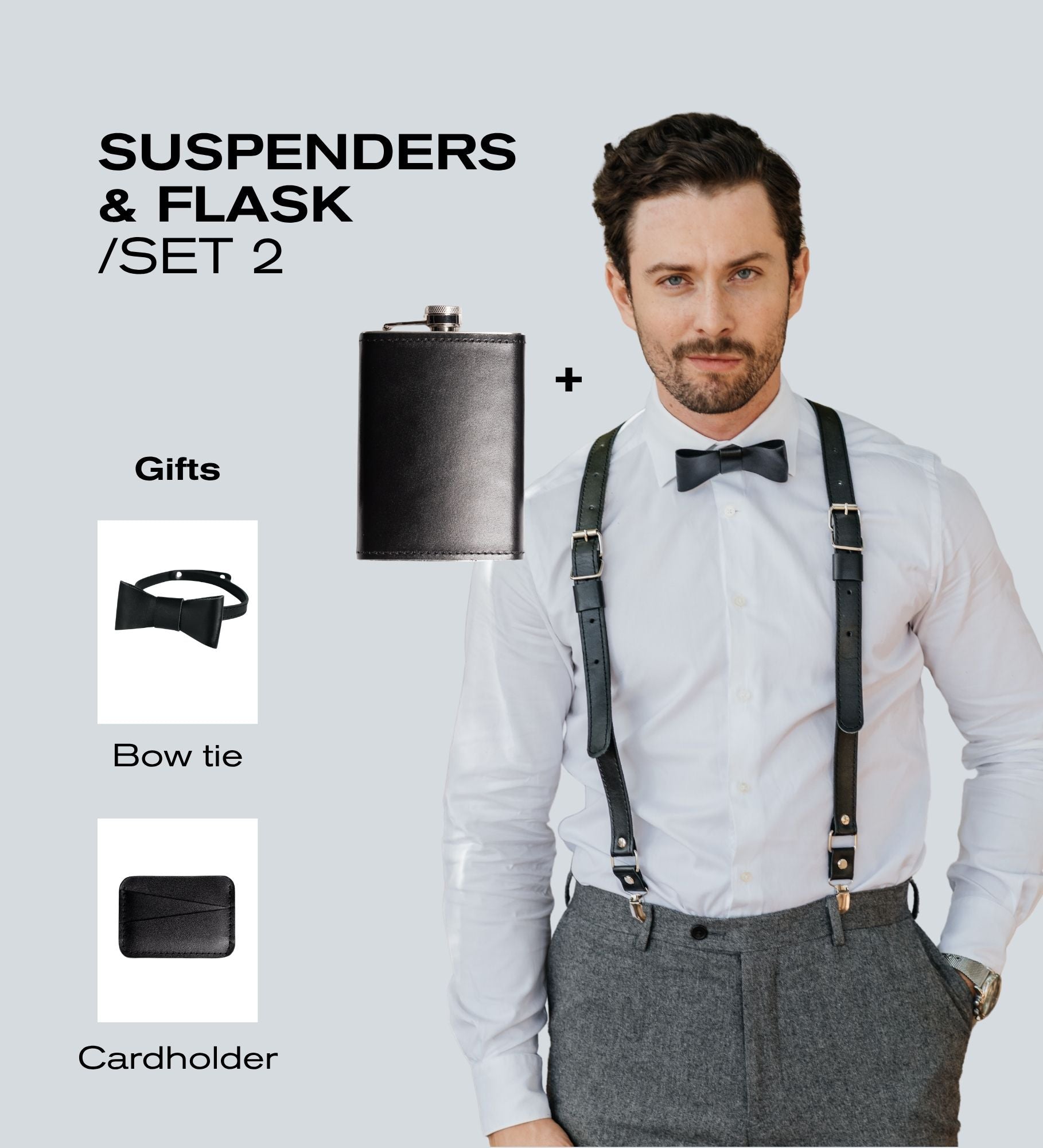 Wedding Gift Set for Him – Matte Waxed Leather Suspenders, Flask, Bow Tie & Cardholder