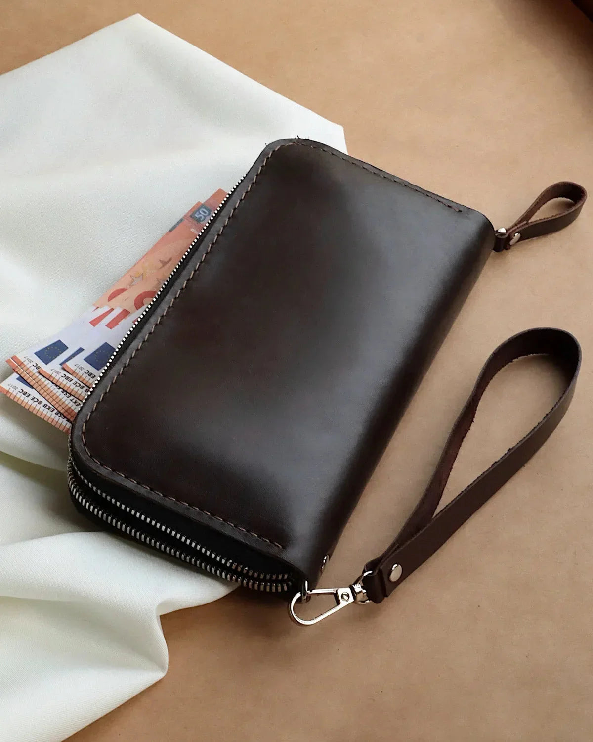 Leather Clutch Wallet – Zip Closure & Wrist Strap
