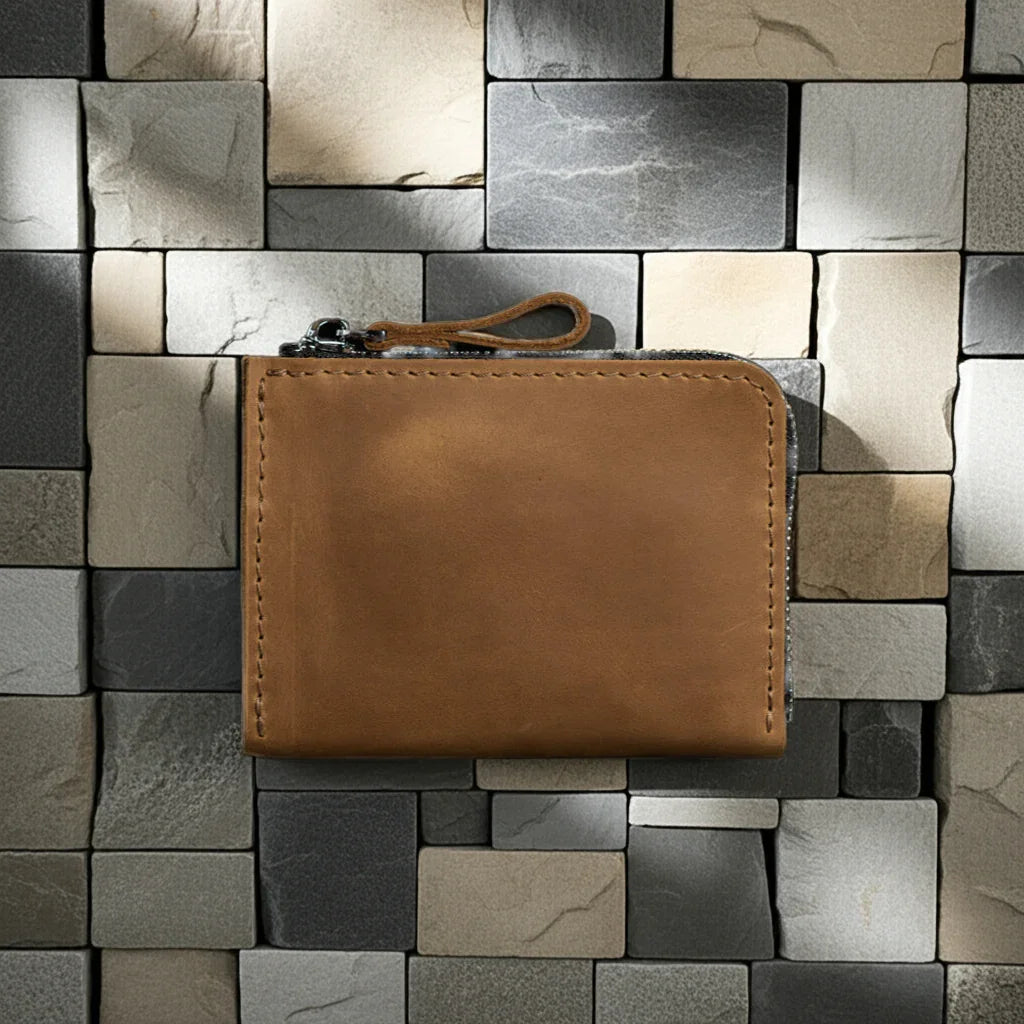 Compact Distressed Leather Wallet with Zipper